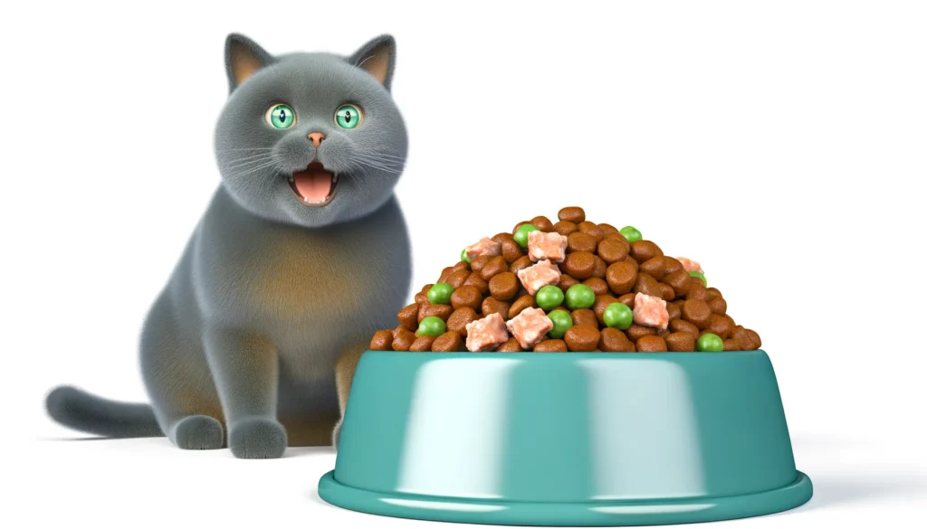 A bowl of grain-free cat food with fresh ingredients.